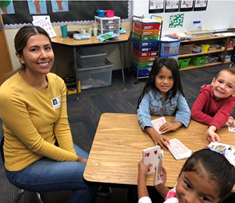 Teacher working with three students