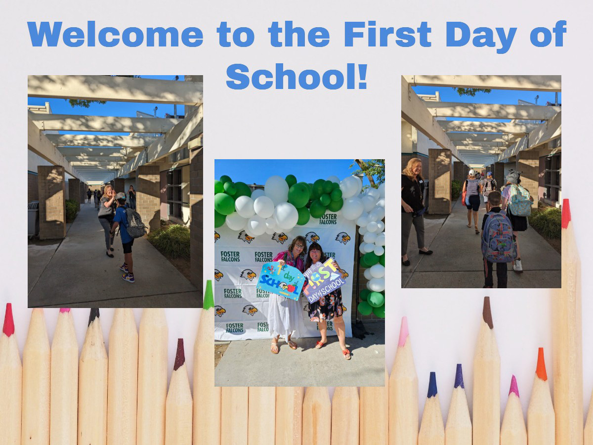 Students and staff attending school, with words Welcome to the first day of school!